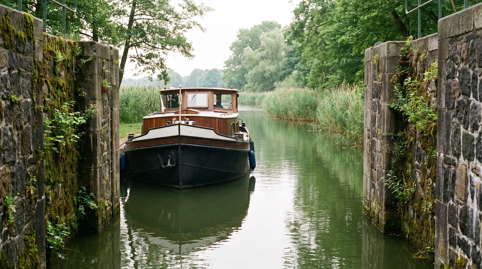Un barco casa de alquiler dentro de una estrecha esclusa de piedra en un canal verde rodeado de juncos