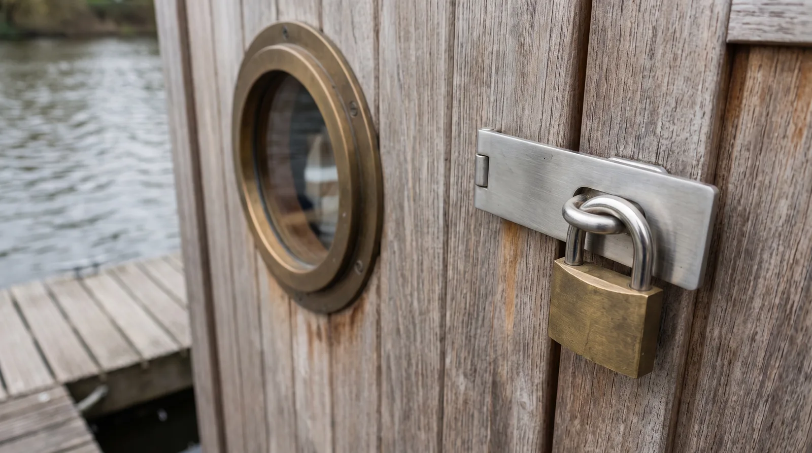 Puerta de madera de una casa flotante con ojo de buey en marco de bronce y un candado cerrado sobre una falleba de acero inoxidable