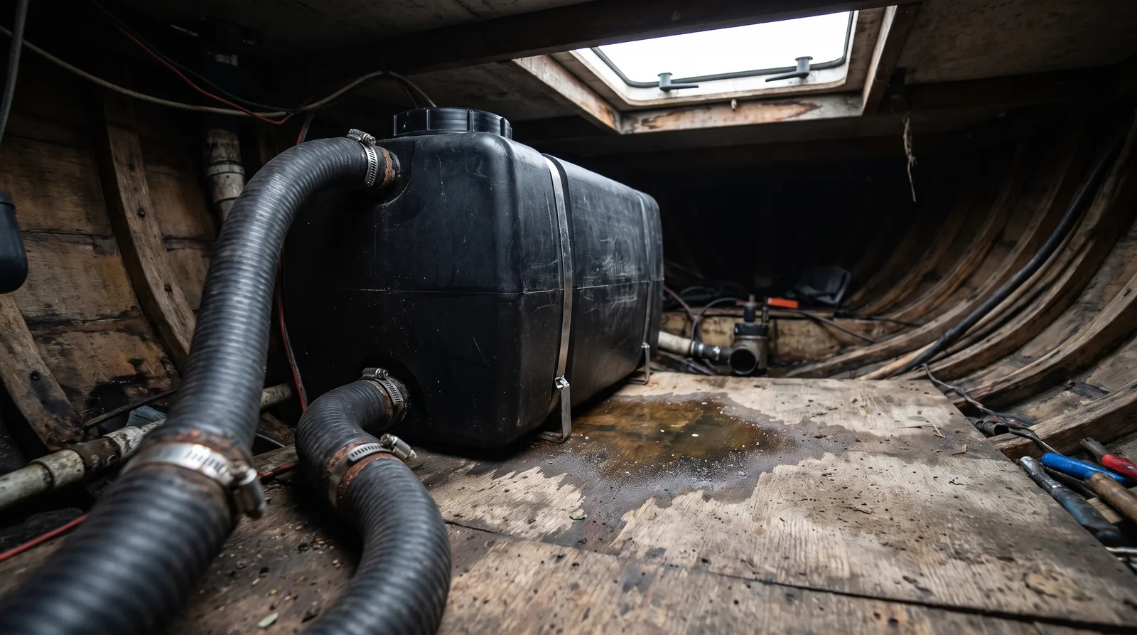 Depósito negro de aguas residuales con manguitos y abrazaderas en el local técnico de una casa flotante, con una mancha húmeda en el suelo