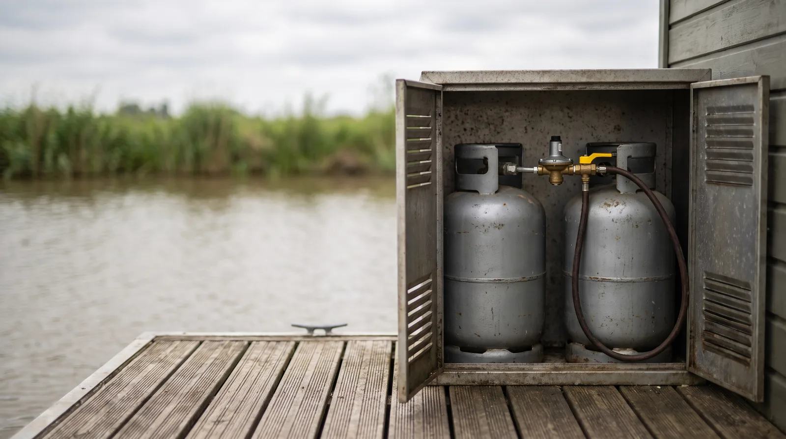 Cofre de gas abierto en la cubierta de madera de una casa flotante, con dos botellas grises, regulador, llave de corte amarilla y latiguillo