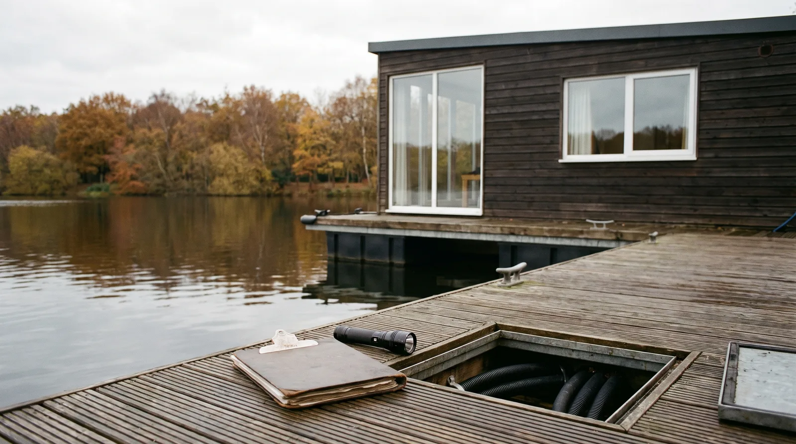 Casa flotante con revestimiento de madera oscura junto a un pantalán en un lago tranquilo, con una carpeta y una linterna junto a una escotilla abierta
