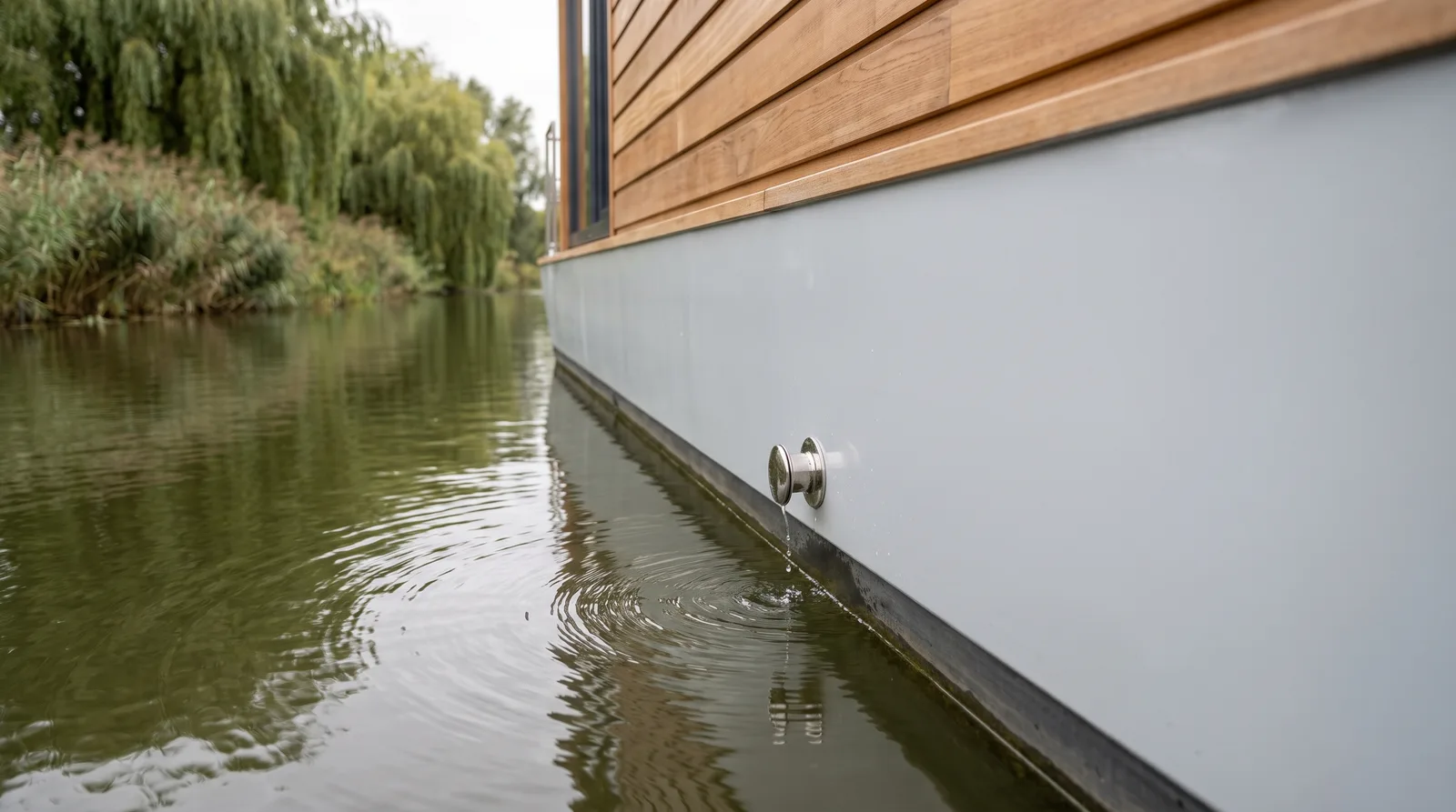 Casco gris claro de una casa flotante cuidada con una pequeña salida de acero inoxidable sobre la línea de flotación, al fondo juncos y sauces