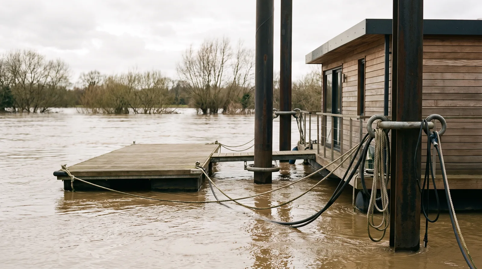 Casa flotante amarrada durante una crecida a duques de Alba de acero con aros de guía, junto a un pantalán flotante elevado y mangueras de servicio en seno