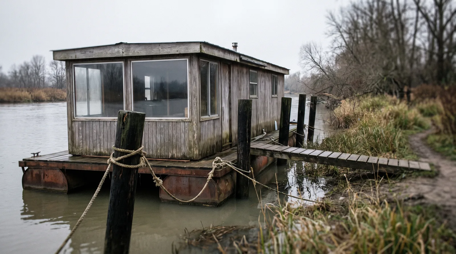 Una casa flotante sencilla sin motor amarrada a pilotes de madera en la orilla de un río, con una pasarela estrecha hacia tierra