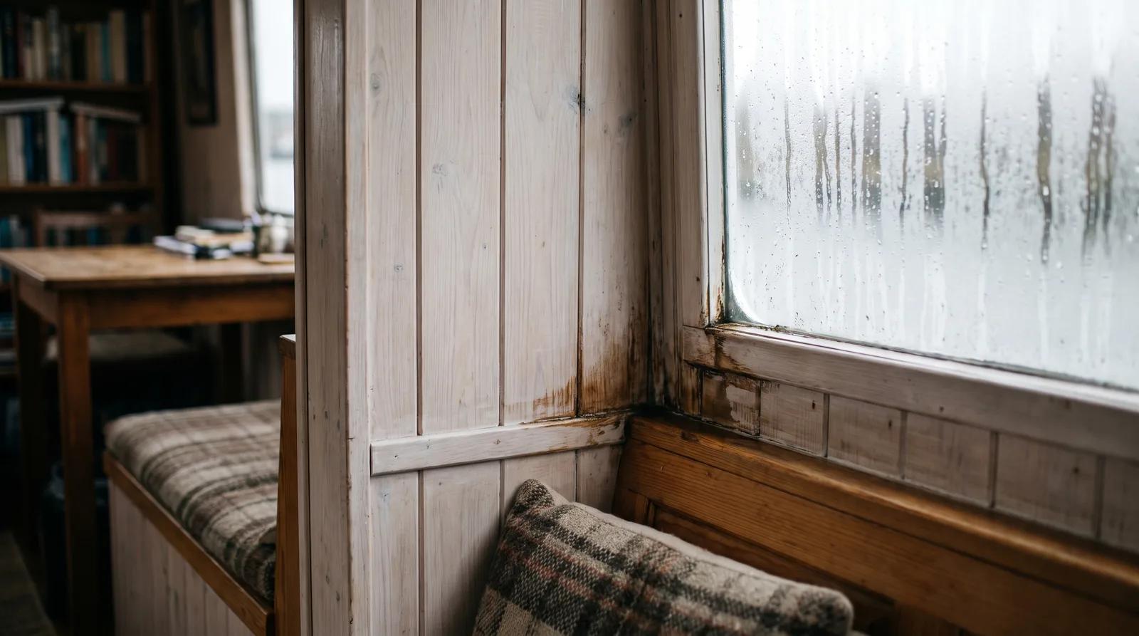 Rincón interior de una casa flotante con el cristal empañado y manchas oscuras de humedad en el revestimiento de madera