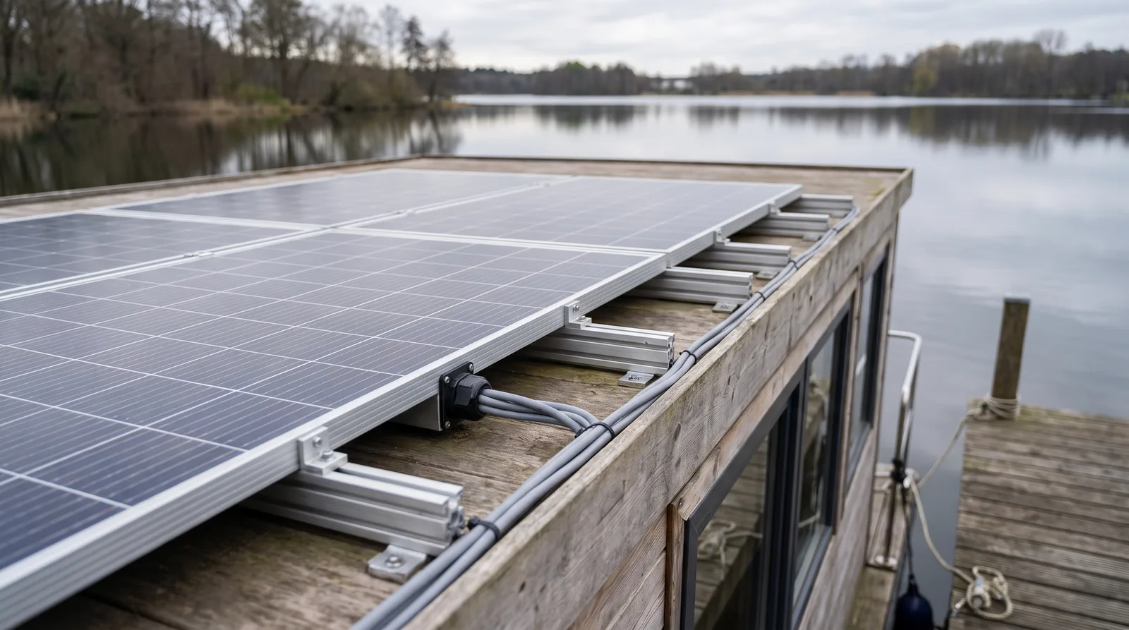 Placas solares sobre perfiles de aluminio en el techo plano de una casa flotante amarrada a un pantalán de madera en un lago tranquilo