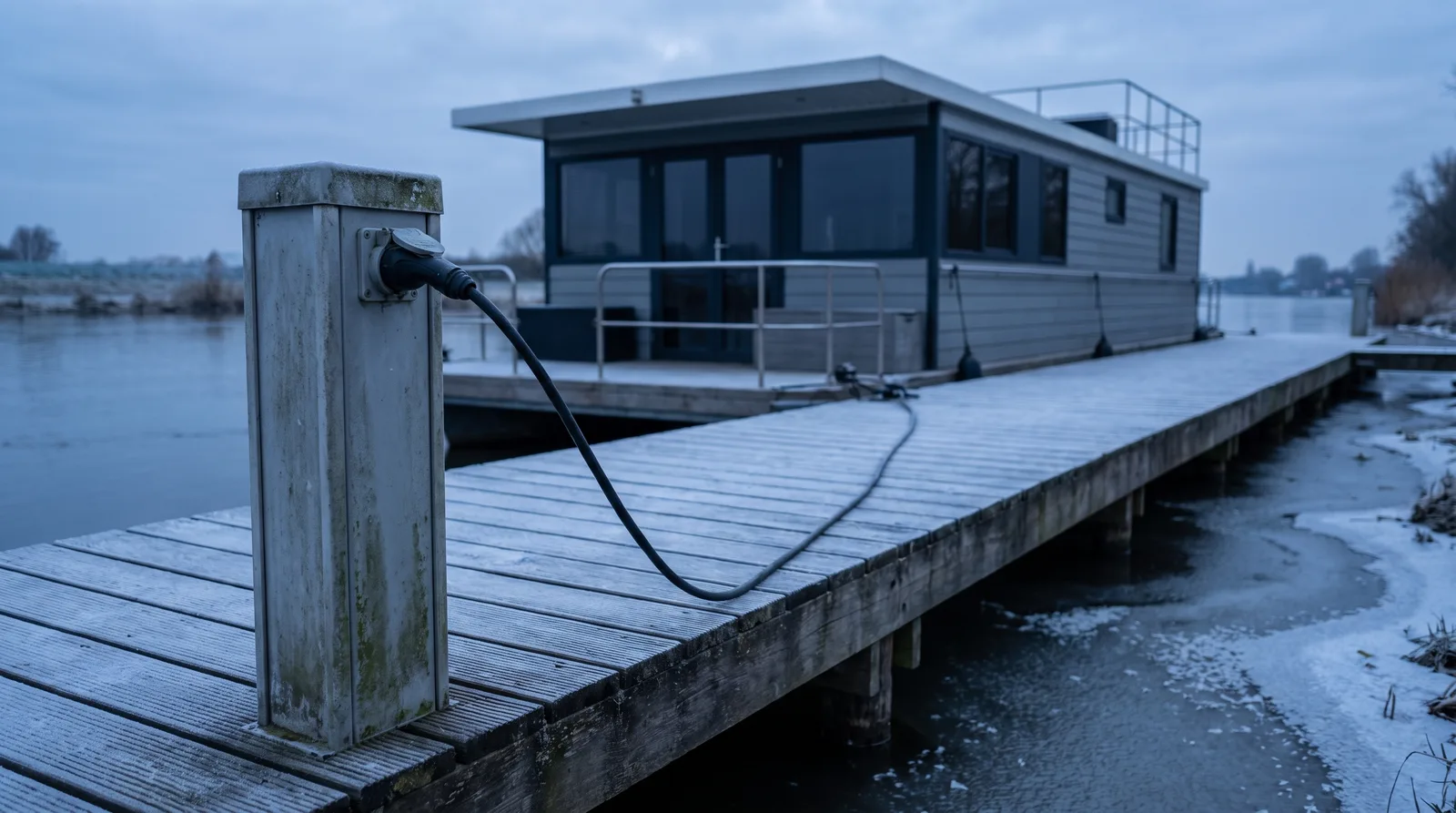 Columna de corriente con el cable enchufado sobre un pantalán de madera con escarcha, detrás una casa flotante y hielo fino en la orilla