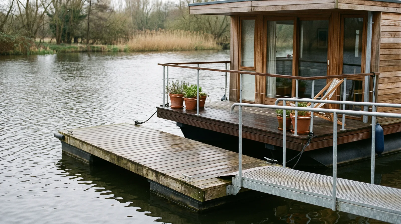 Casa flotante de madera bien cuidada en un río, con terraza, maceteros, tumbona y pasarela a un pantalán flotante
