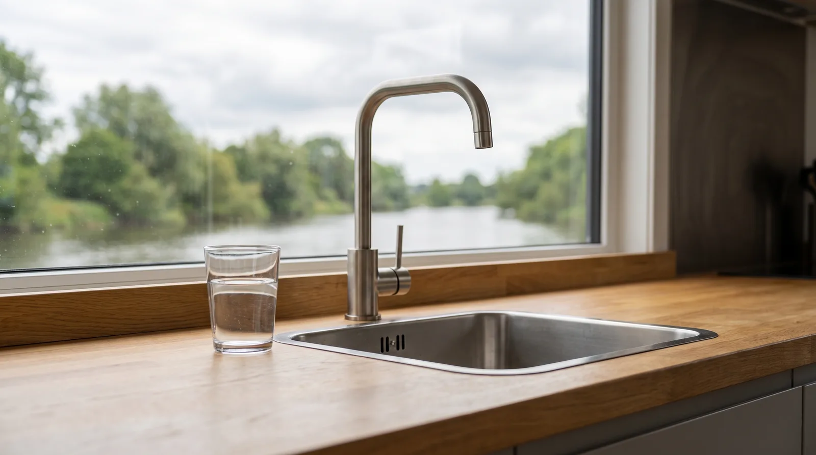 Cocina de una casa flotante con grifo de acero, un vaso de agua sobre la encimera de roble y vista por la ventana a un río tranquilo