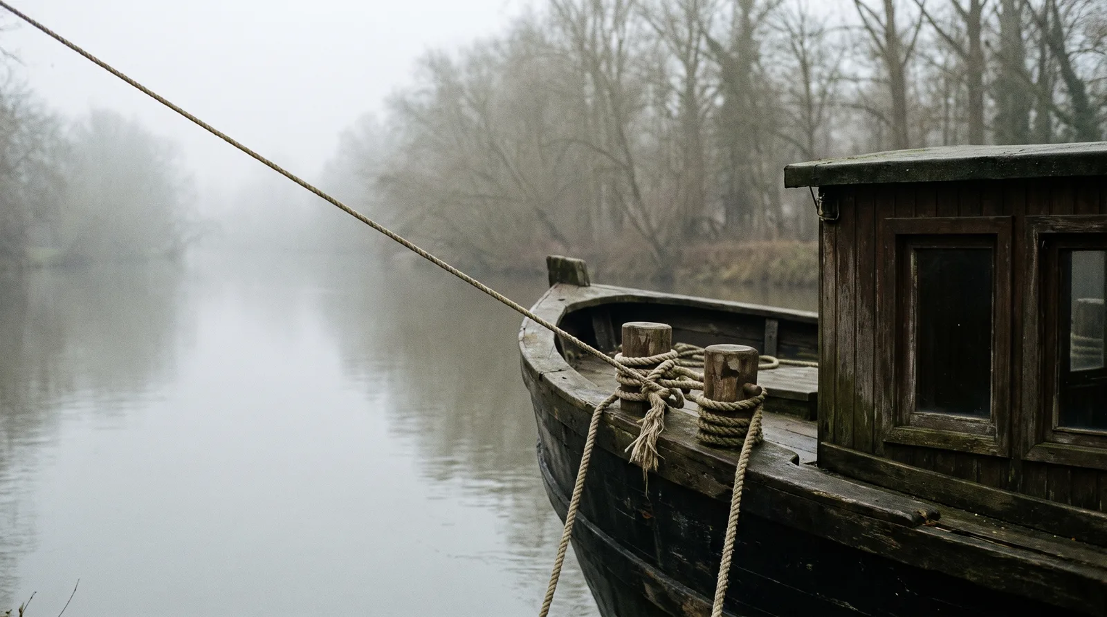Proa de una casa flotante de madera en un río con niebla, con un cabo de remolque tenso hacia fuera del encuadre