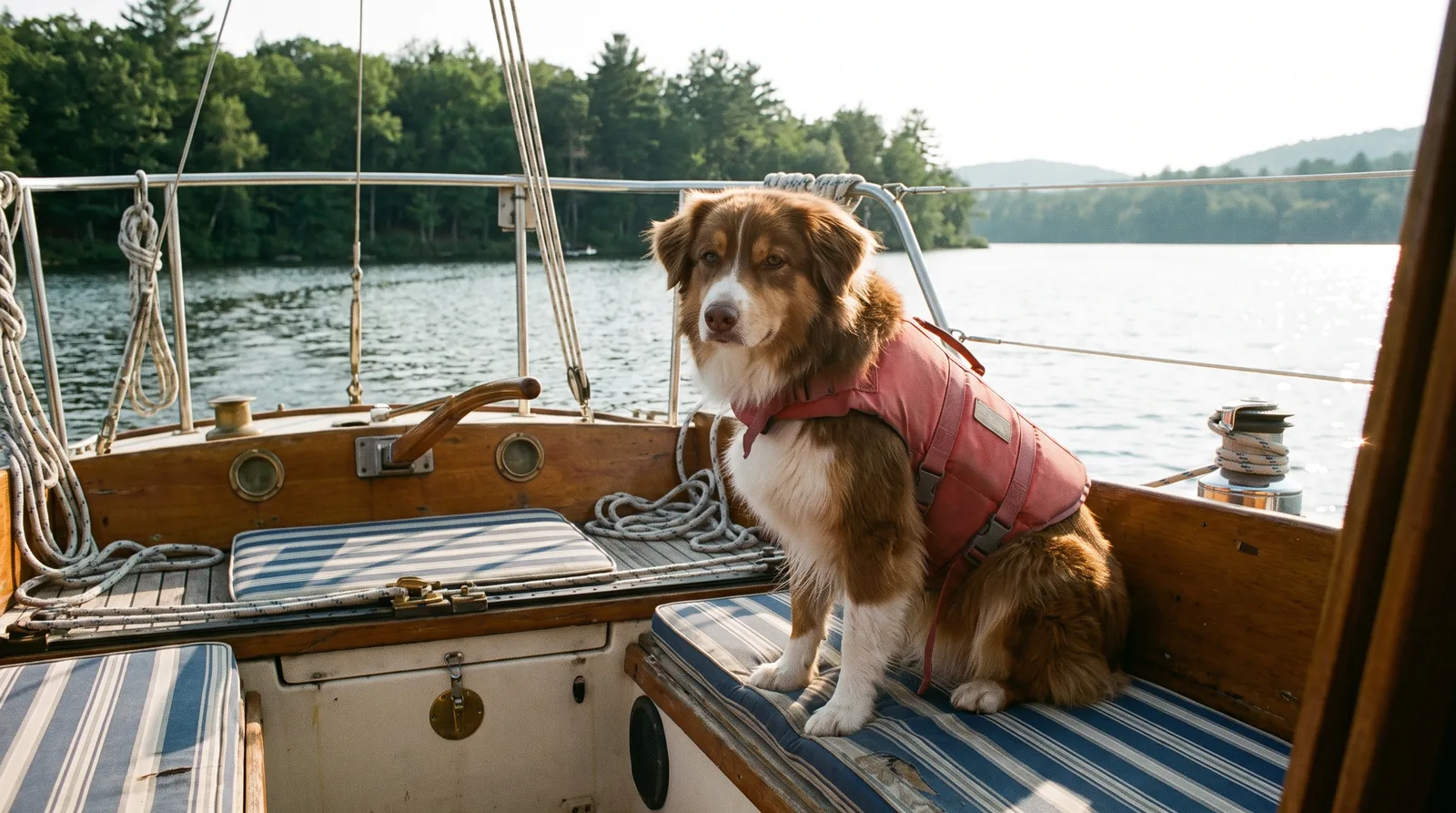 Perro con chaleco salvavidas rojo en la bañera de un velero en un lago