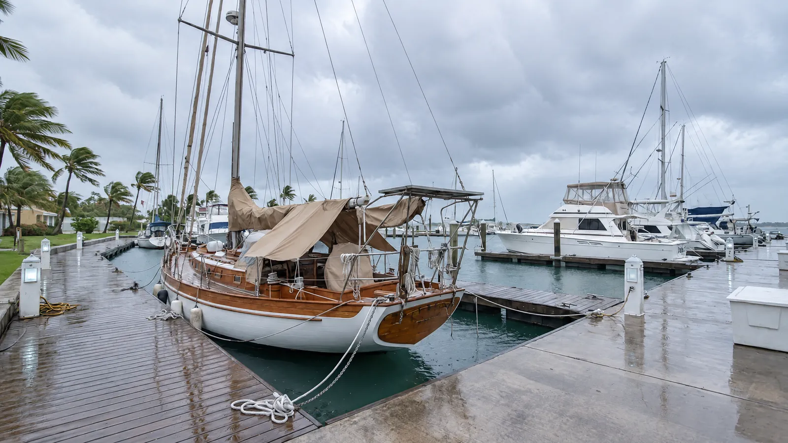 Un puerto tropical bajo un cielo cargado, los barcos desaparejados y trincados