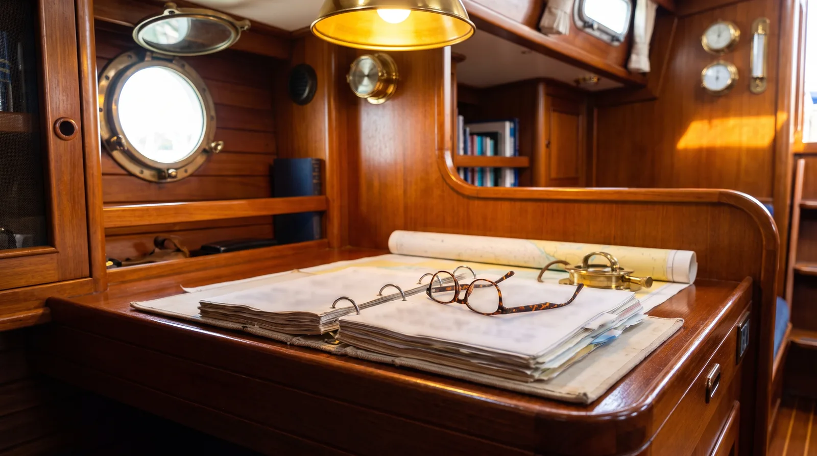 Documentos del seguro abiertos y unas gafas de lectura sobre la mesa de cartas de un velero