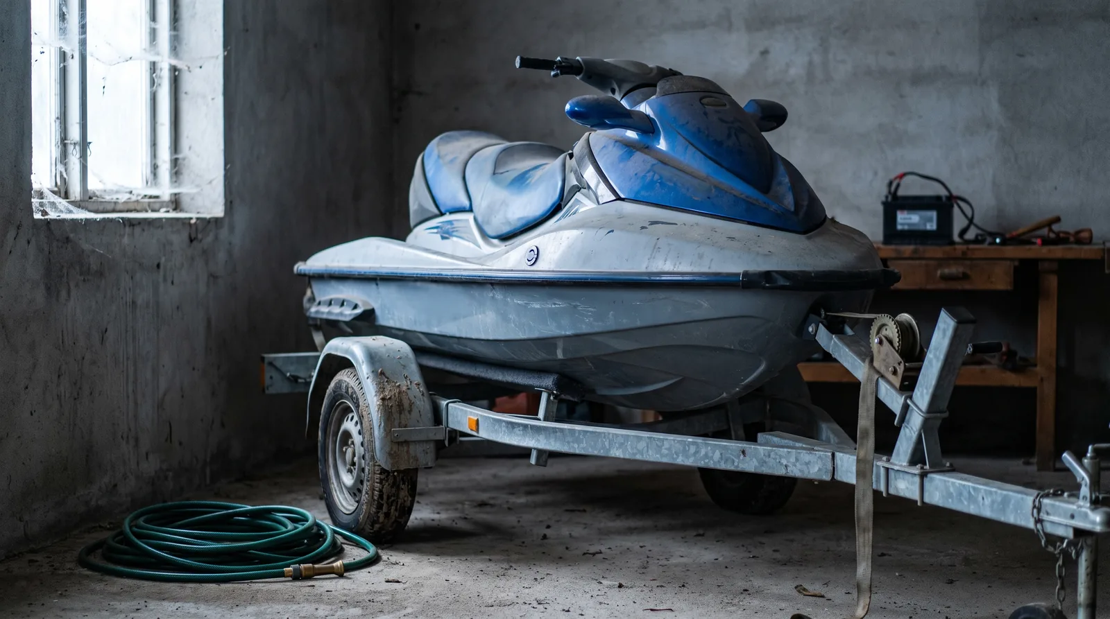 Moto de agua sobre su remolque en una nave sin calefacción, con una manguera enrollada en el suelo