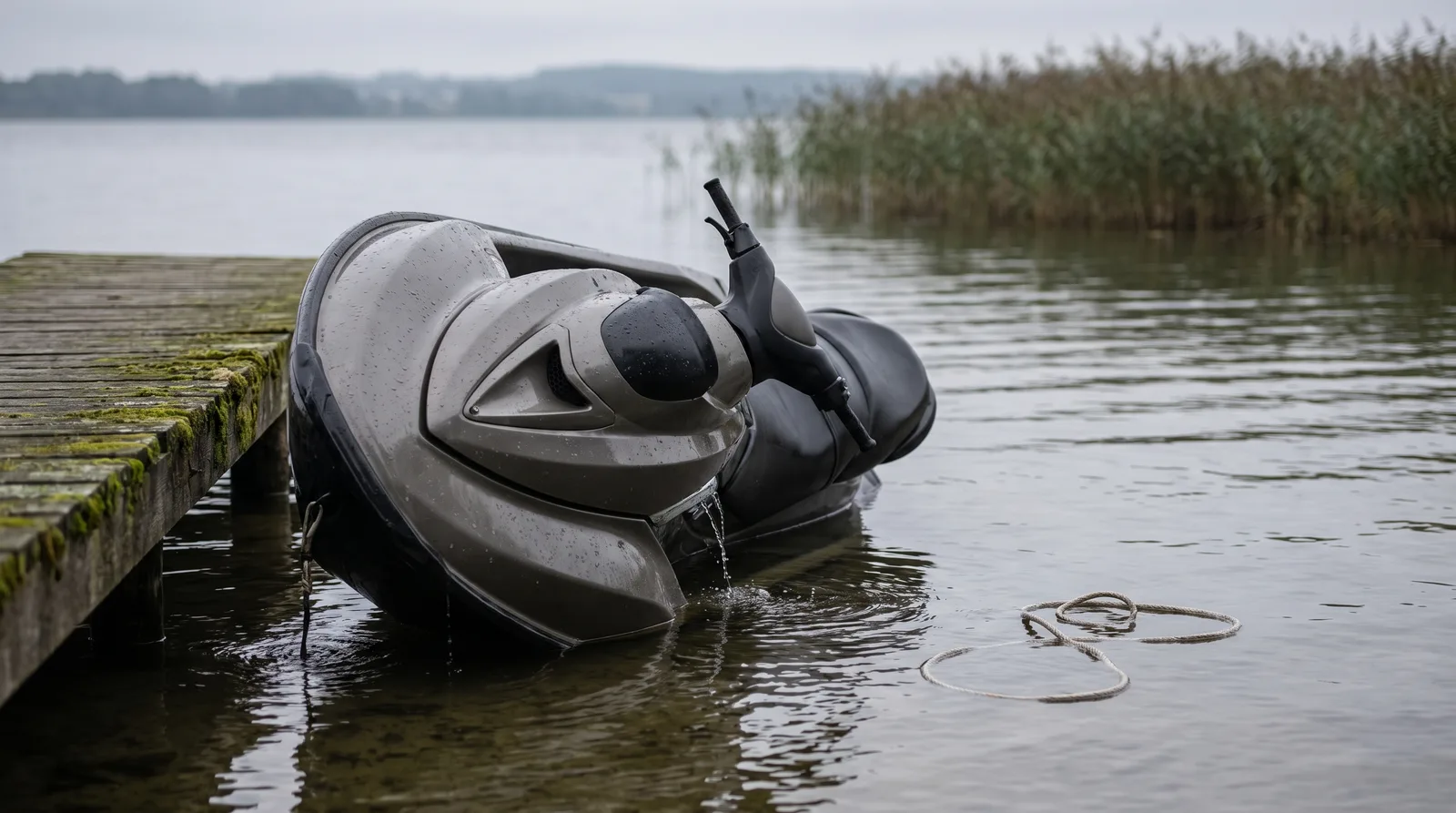 Una moto de agua tumbada de costado en aguas someras junto a un pantalán de madera