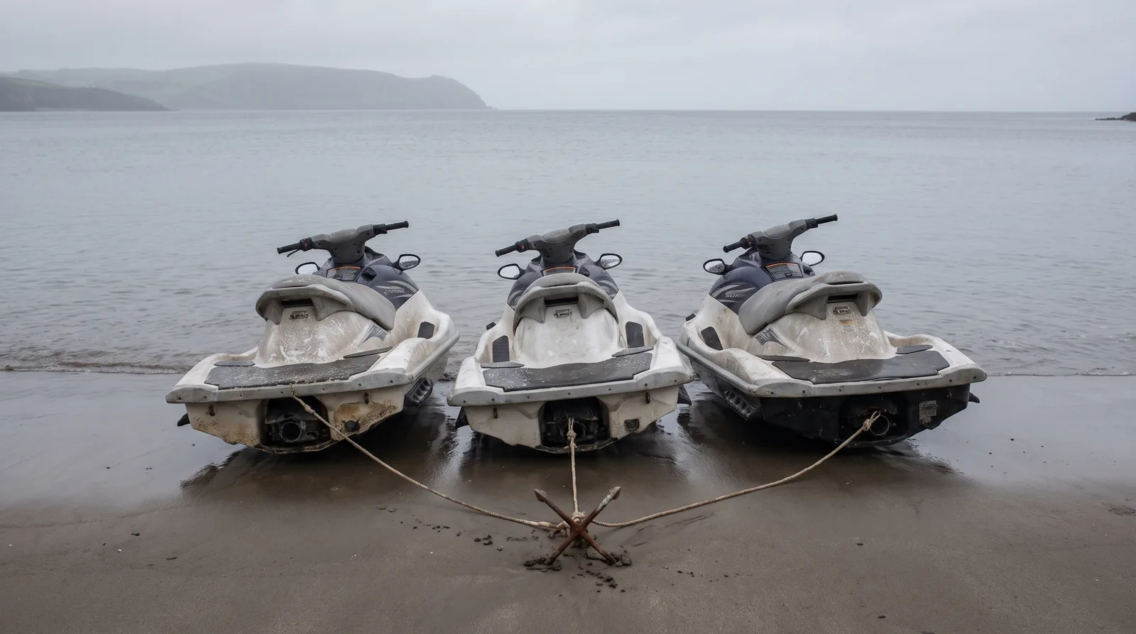 Tres motos de agua de alquiler alineadas sobre la arena mojada de una cala tranquila