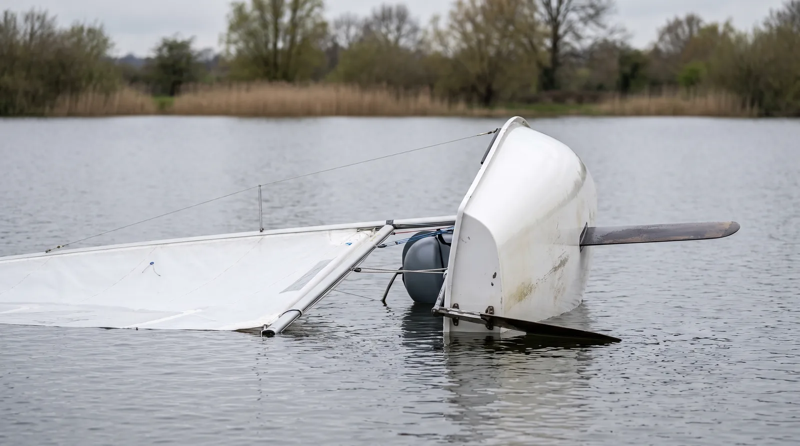 Vela ligera blanca volcada de costado en un lago, la vela plana sobre el agua y la orza asomando, al fondo cañas y árboles