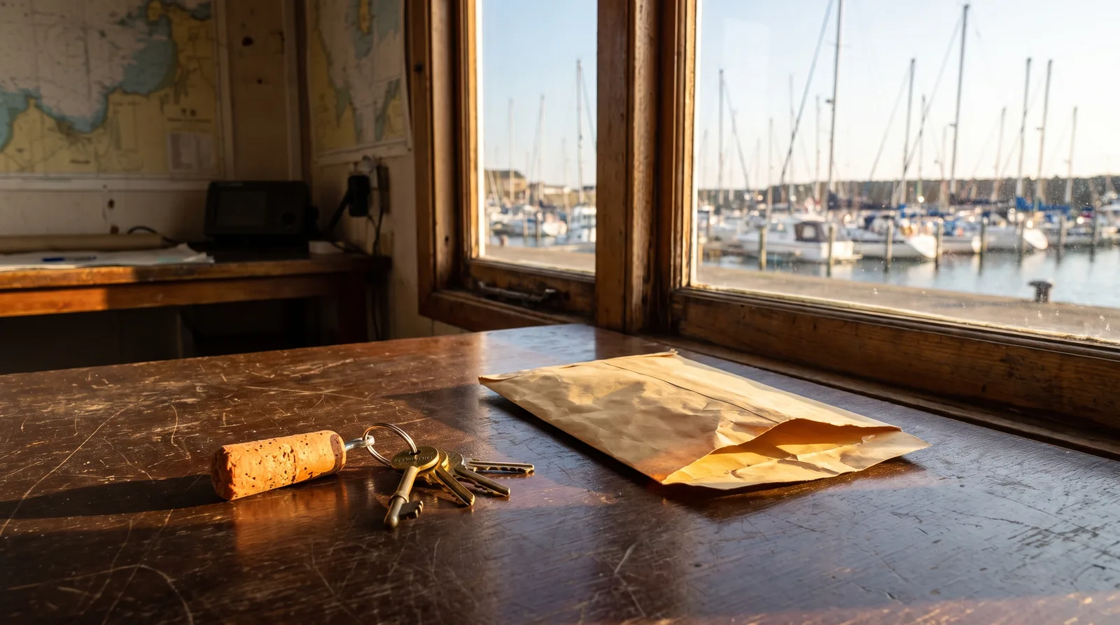 Llaves de barco con flotador de corcho y un sobre vacío sobre una mesa de madera en una oficina del puerto