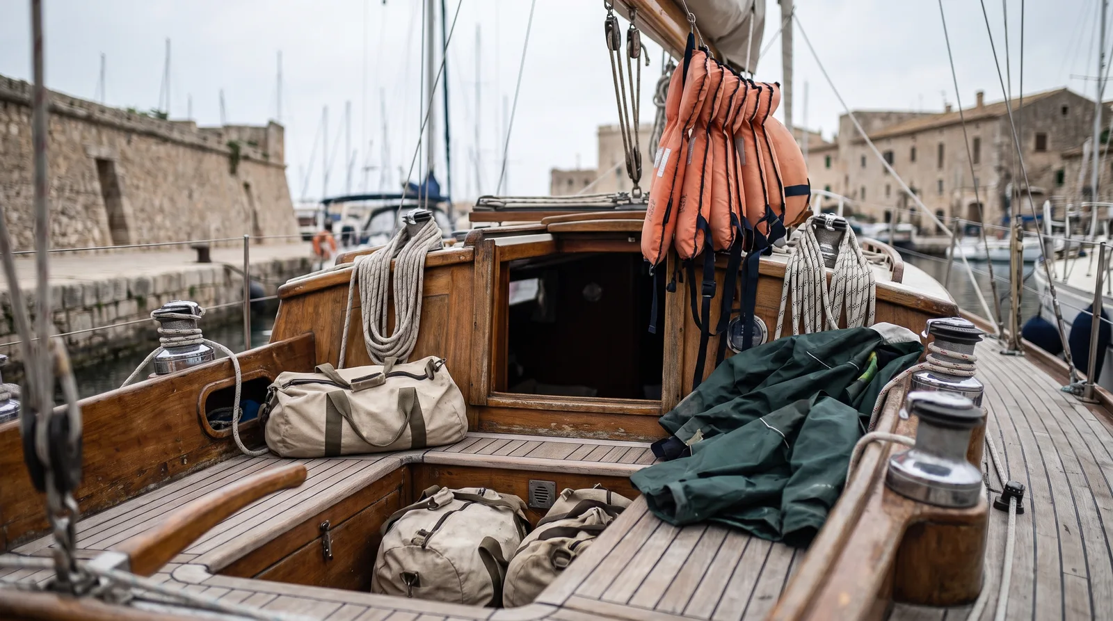Bolsas de viaje y una chaqueta de navegación en la bañera de un velero de madera en un puerto antiguo, con chalecos salvavidas naranjas en la entrada