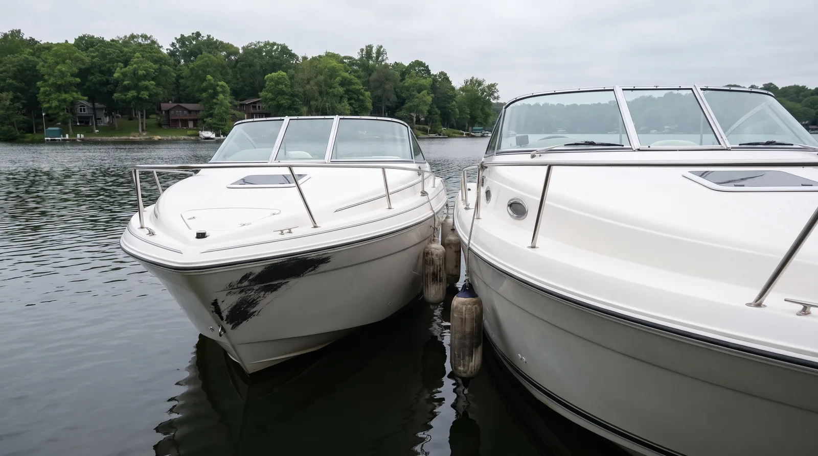 Dos lanchas a motor una junto a otra en un lago tras un leve abordaje