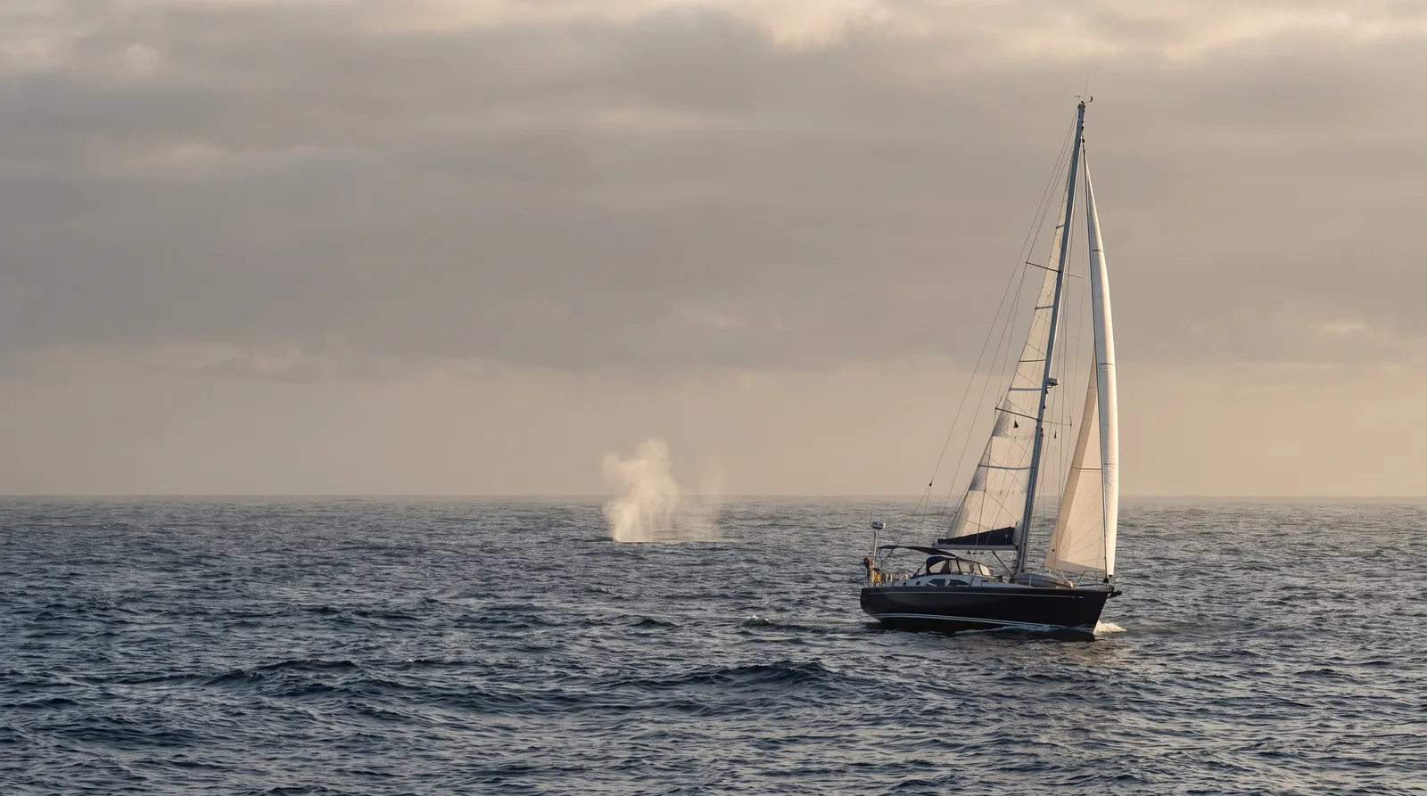 Velero de crucero navegando en pleno Atlántico, a lo lejos el soplo de una ballena sobre el agua