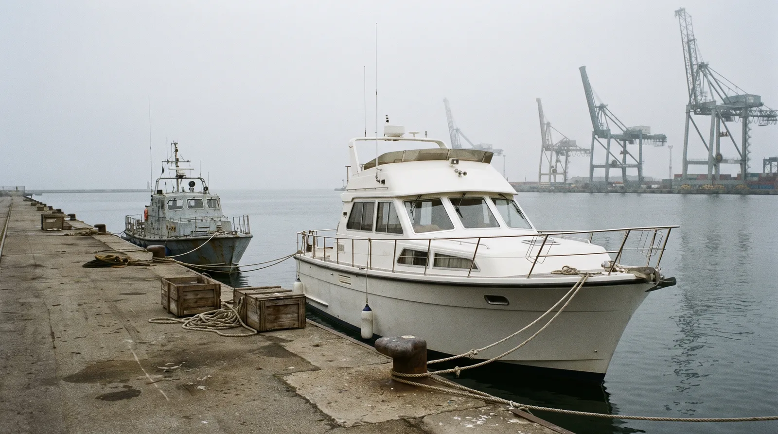 Yate a motor solo junto al muelle de un puerto extranjero con una lancha oficial gris al lado