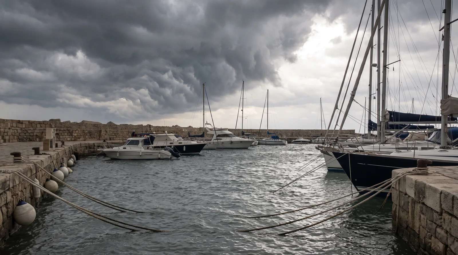 Nubes oscuras de temporal sobre un puerto mediterráneo con yates sujetos con amarras dobles