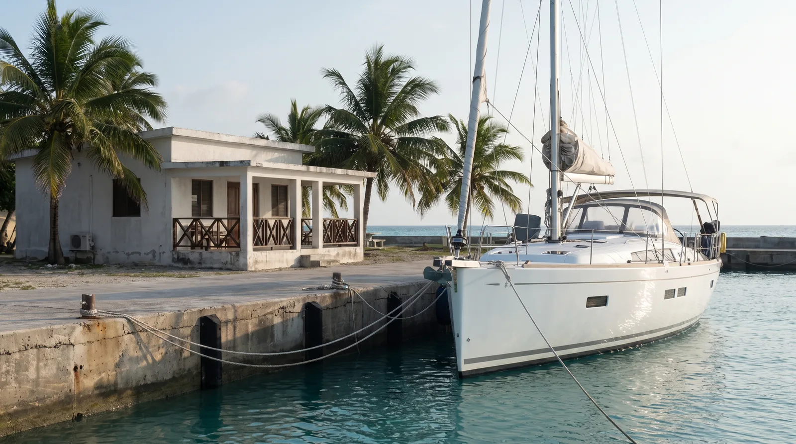 Velero de crucero junto al muelle de aduanas de un puerto tropical con edificio oficial y palmeras