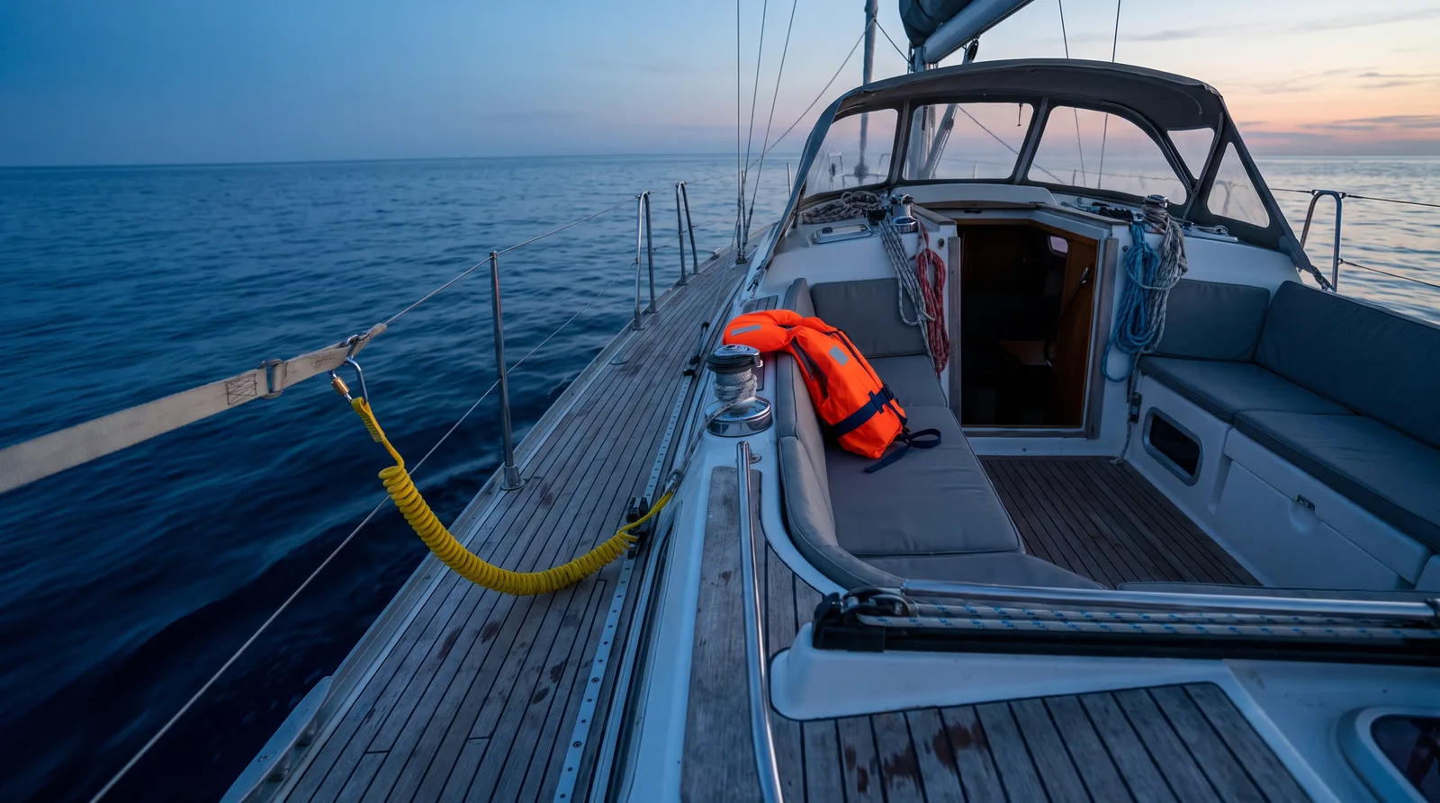 Popa vacía de un velero en la hora azul con guardamancebos y arnés enganchado a la línea de vida