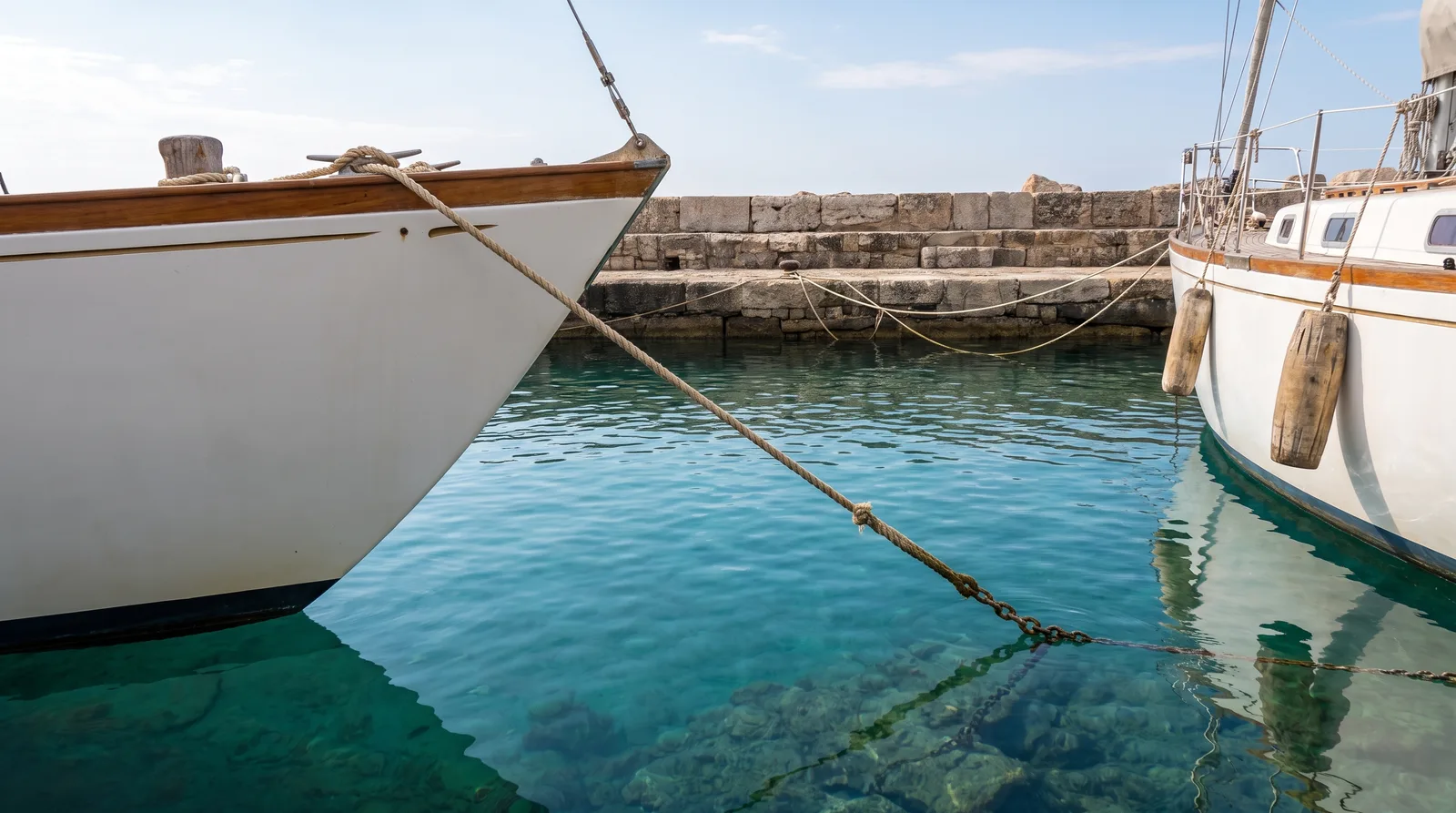 Una guía sale del agua clara hacia la proa de un velero amarrado de popa a un muelle de piedra
