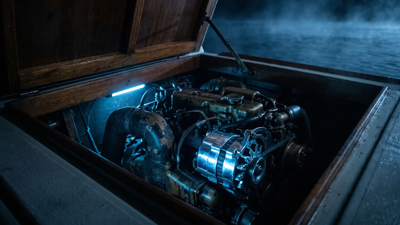 La tapa del motor abierta de noche, una pieza nueva brilla entre las viejas