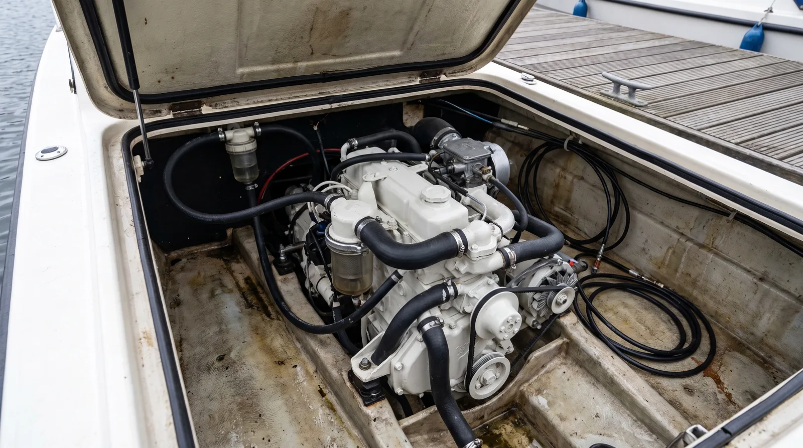 Cámara de motor abierta de una lancha cuidada con motor intraborda limpio, manguitos de refrigeración, abrazaderas y filtro de agua salada