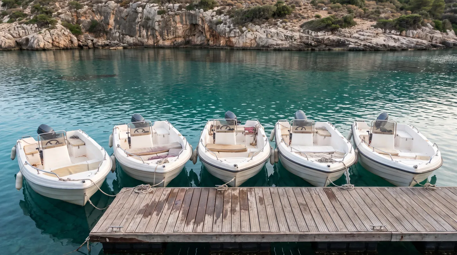 Cinco pequeñas lanchas blancas de alquiler con fueraborda amarradas en fila a un pantalán de madera en una cala de agua turquesa