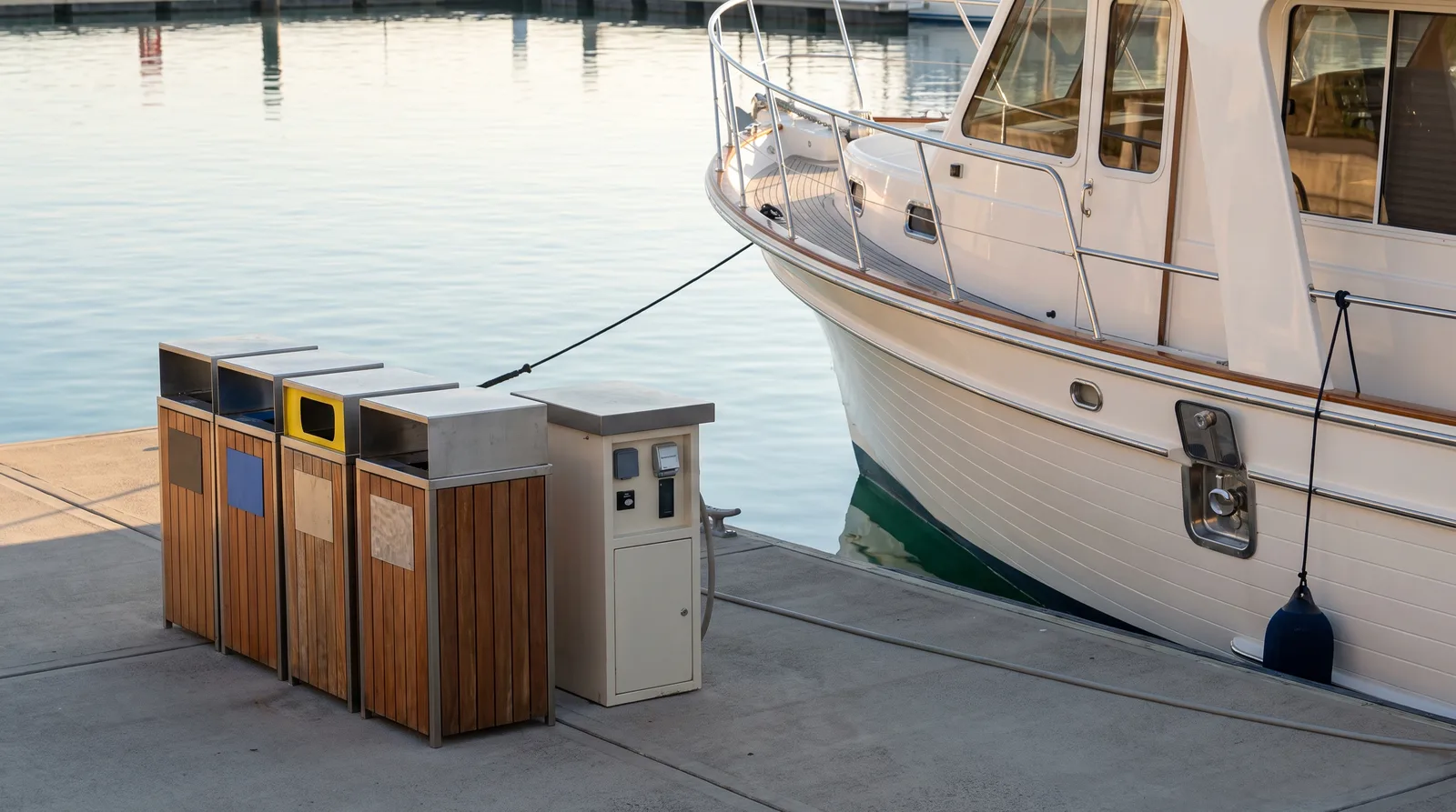 Pantalán con contenedores de reciclaje y punto de vaciado de tanques junto a un yate a motor