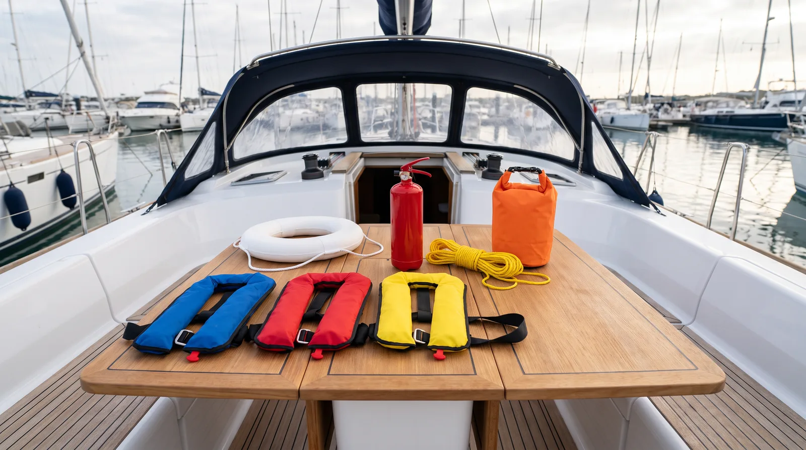 Chalecos, extintor, aro salvavidas y bolsa de abandono en la bañera de un velero