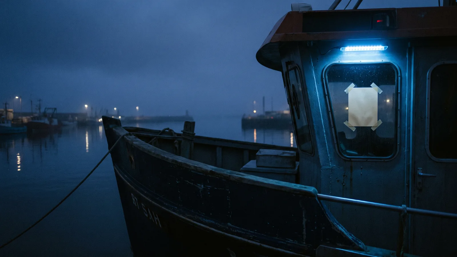 Un barco privado con un pequeño cartel de alquiler pegado en la ventana