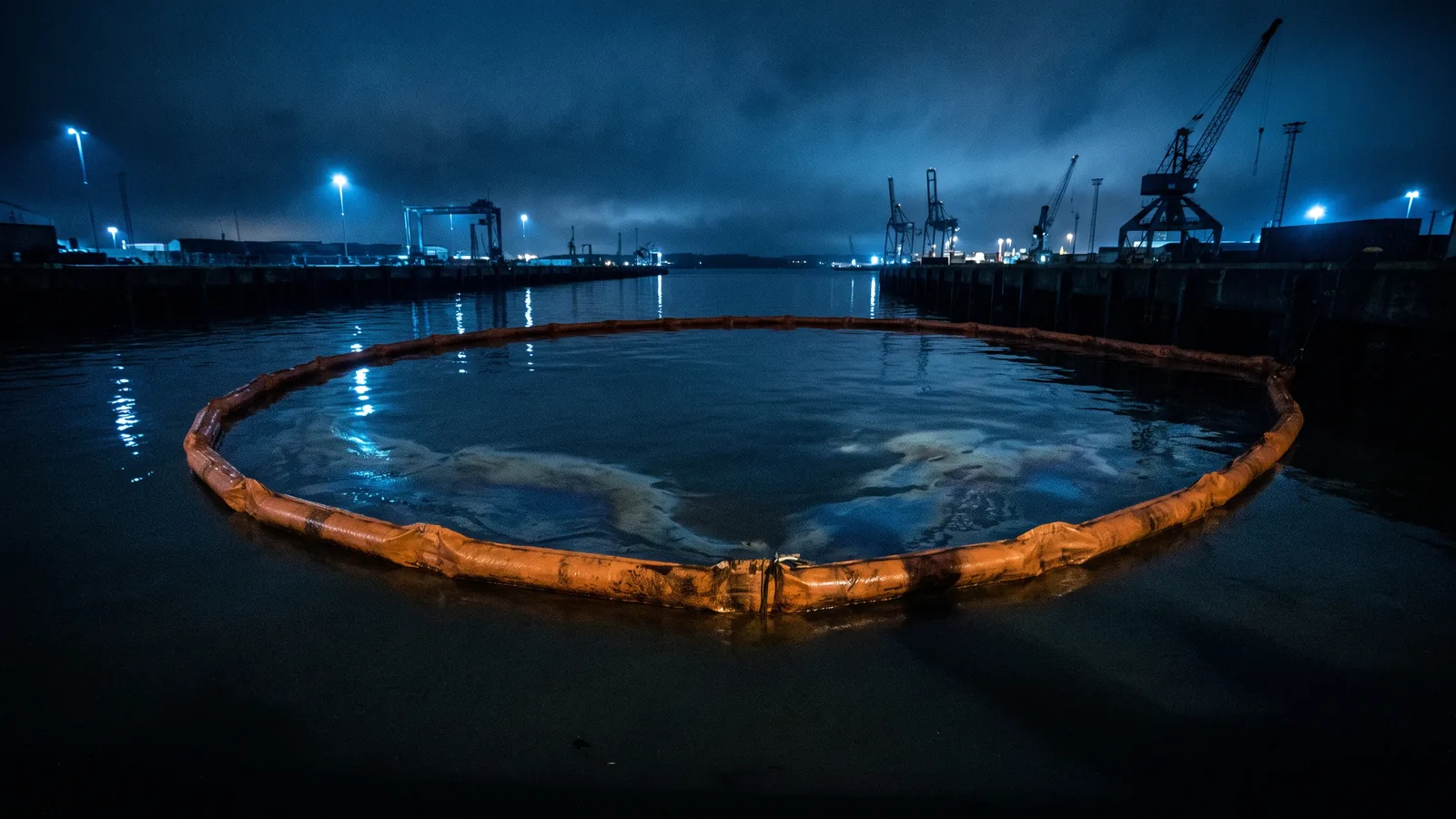 Una barrera anticontaminación naranja forma un anillo sobre el agua negra del puerto