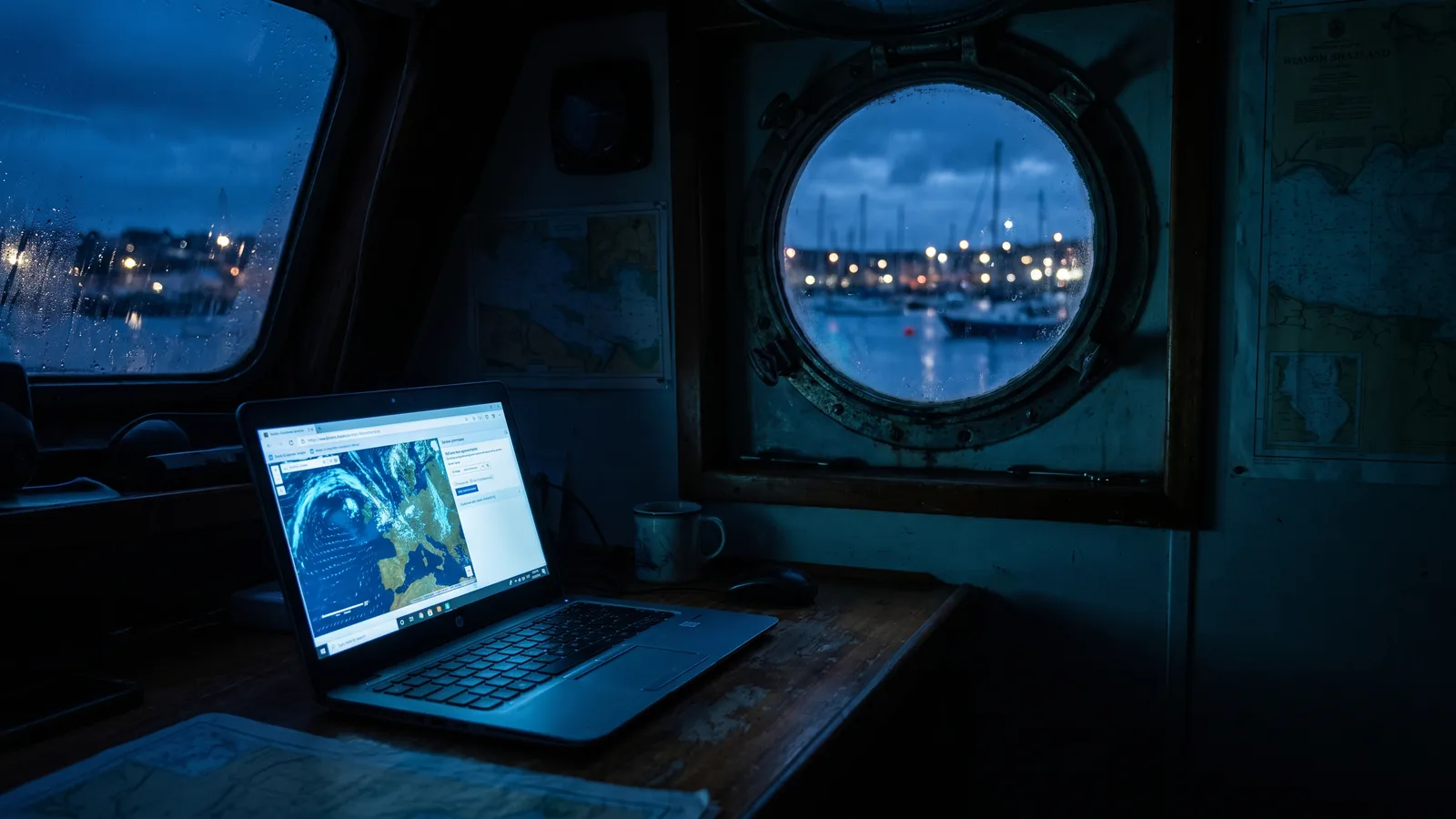Un ordenador portátil sobre la mesa del salón de un barco de noche, la pantalla es la única luz a bordo