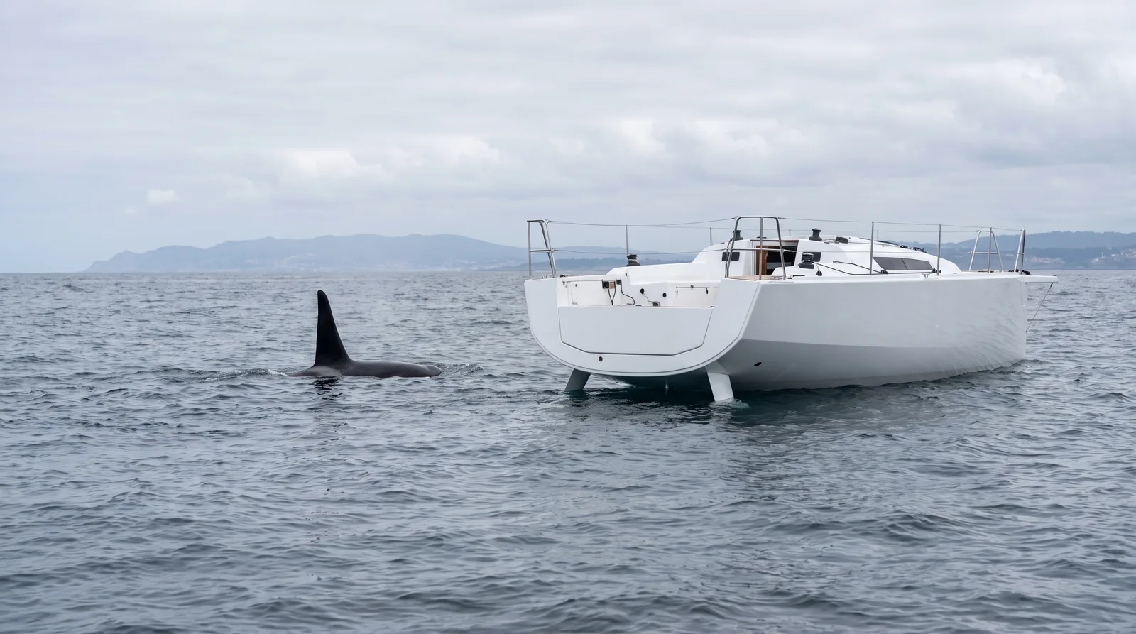 Aleta dorsal de una orca en el Atlántico muy cerca de la popa de un velero
