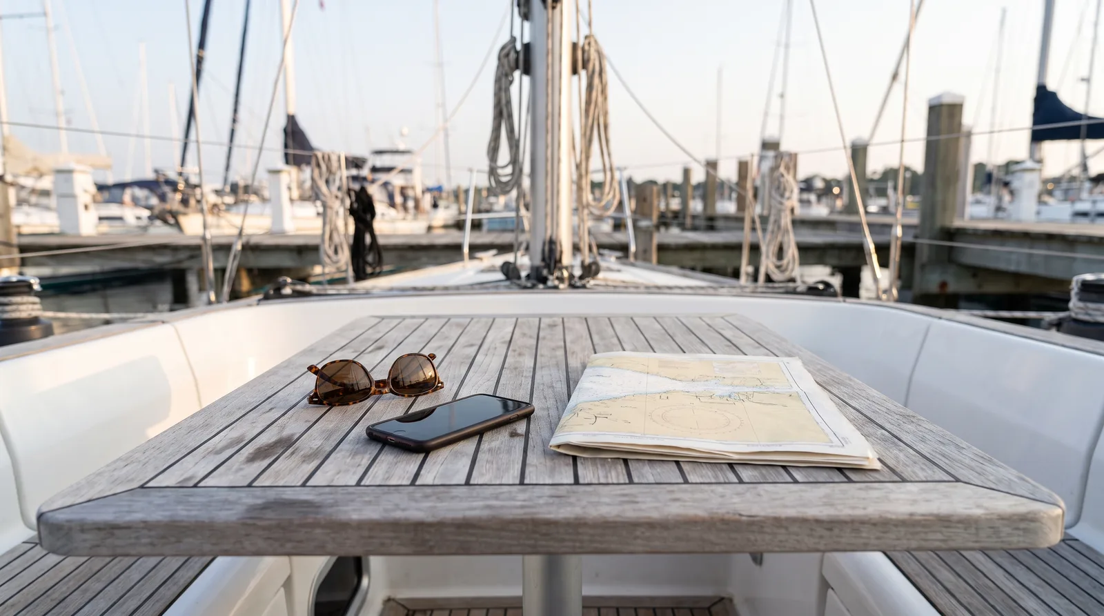 Gafas de sol, smartphone y carta náutica sobre la mesa de bañera de un velero cuidado en el puerto