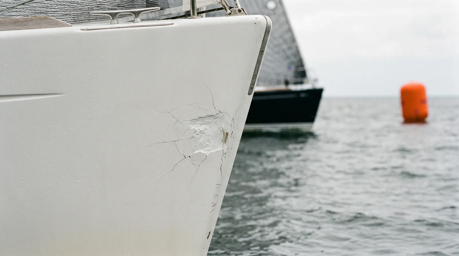 Proa de un barco de regatas con un golpe reciente en el gelcoat, otro barco y una baliza naranja al fondo