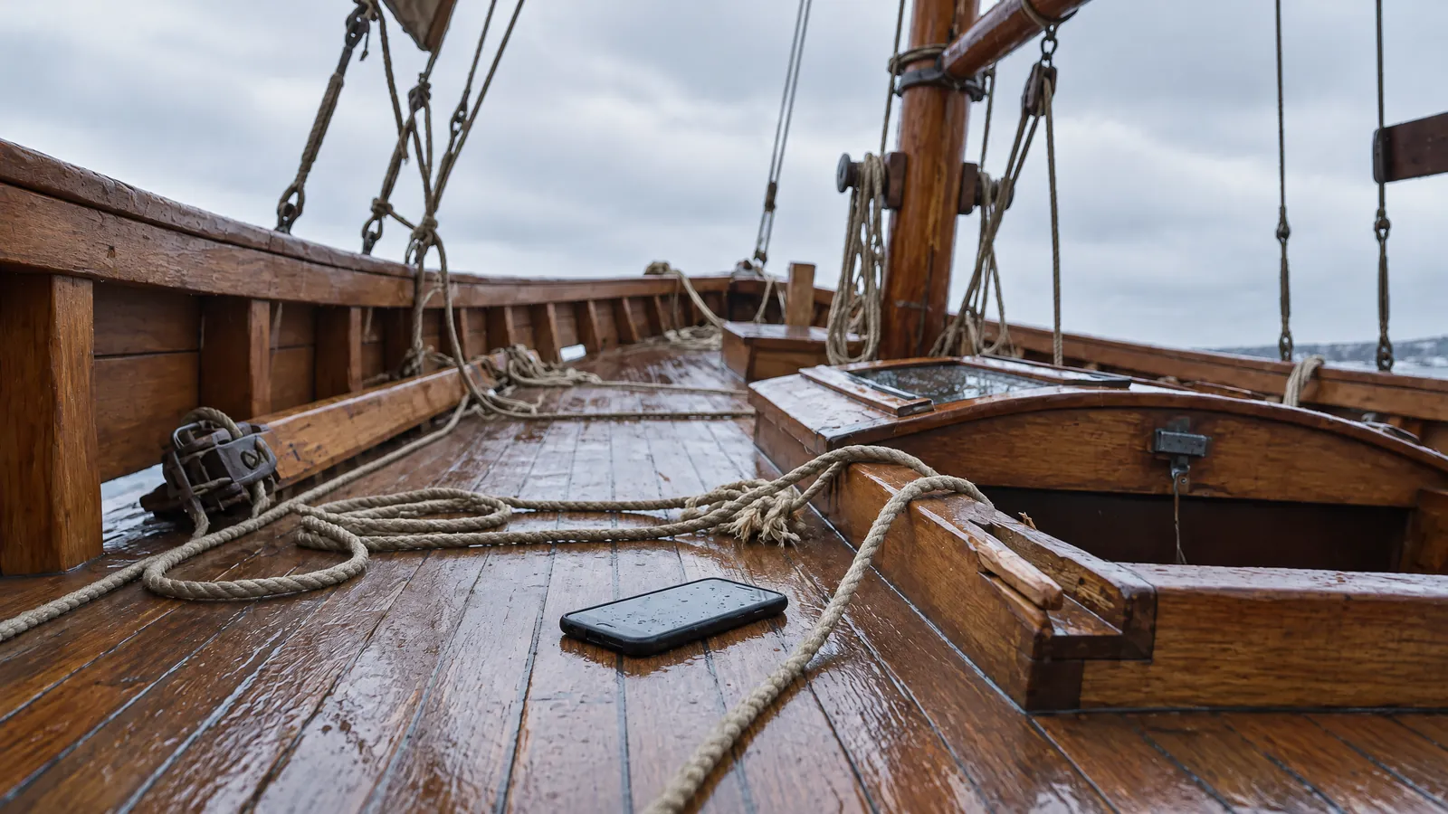 Un teléfono sobre la cubierta mojada de un barco, su pantalla es la única luz