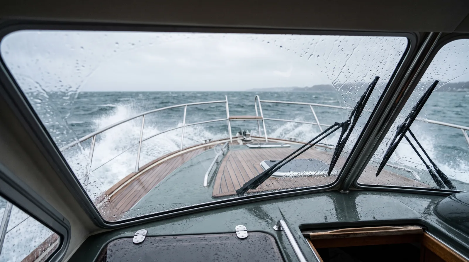 Vista a través del parabrisas mojado de un barco a motor bien cuidado hacia la proa, con rociones rompiendo en una mar gris y picada