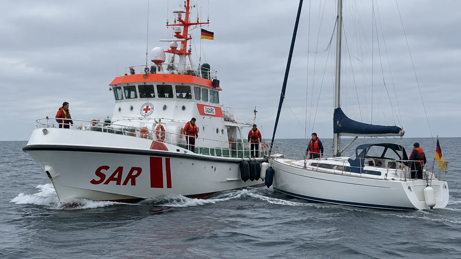 Un buque de salvamento marítimo se acerca a un velero con marejadilla