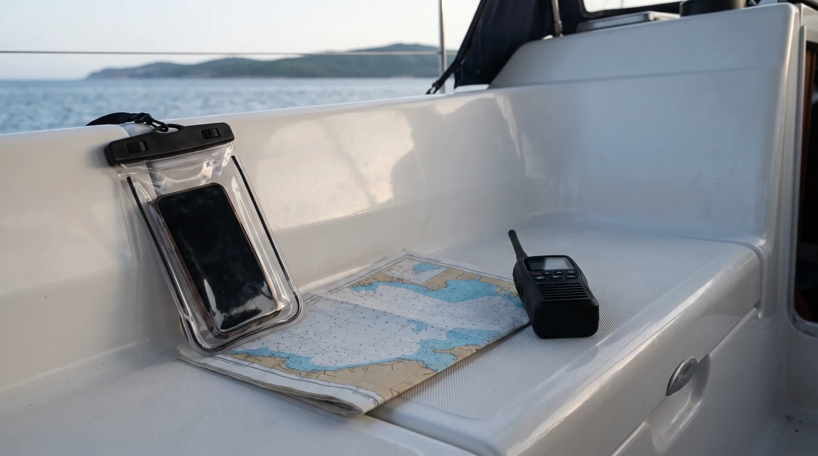 Móvil en funda estanca junto a una carta náutica y una VHF portátil en la bañera