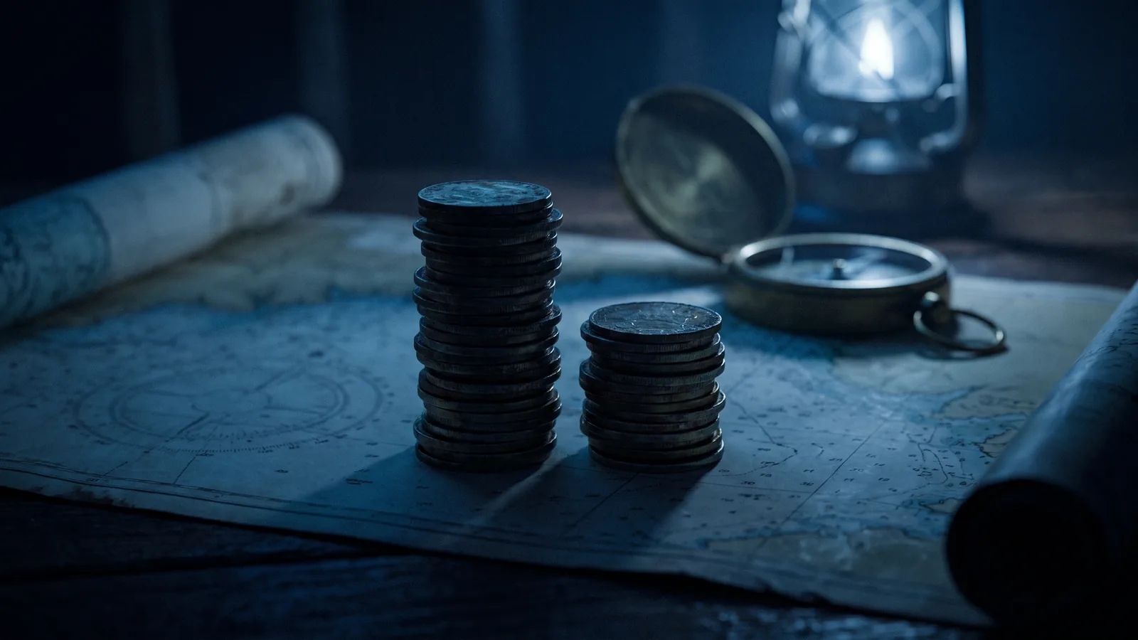 Dos montones de monedas de distinta altura sobre una mesa oscura