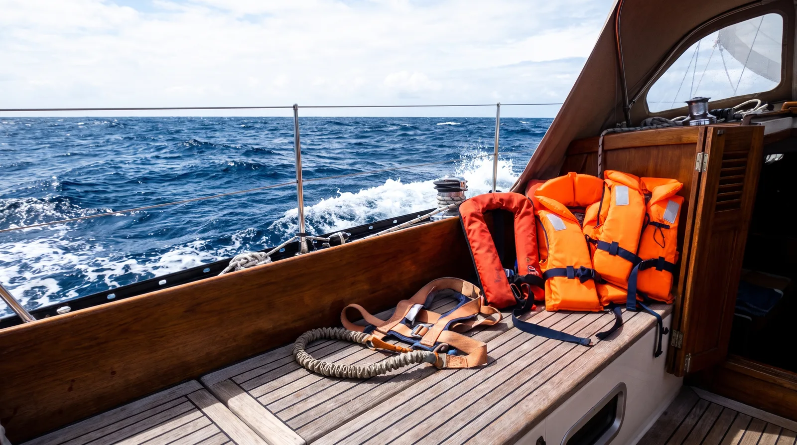 Chalecos salvavidas naranjas y un arnés sobre el banco de la bañera de un velero con mar movida