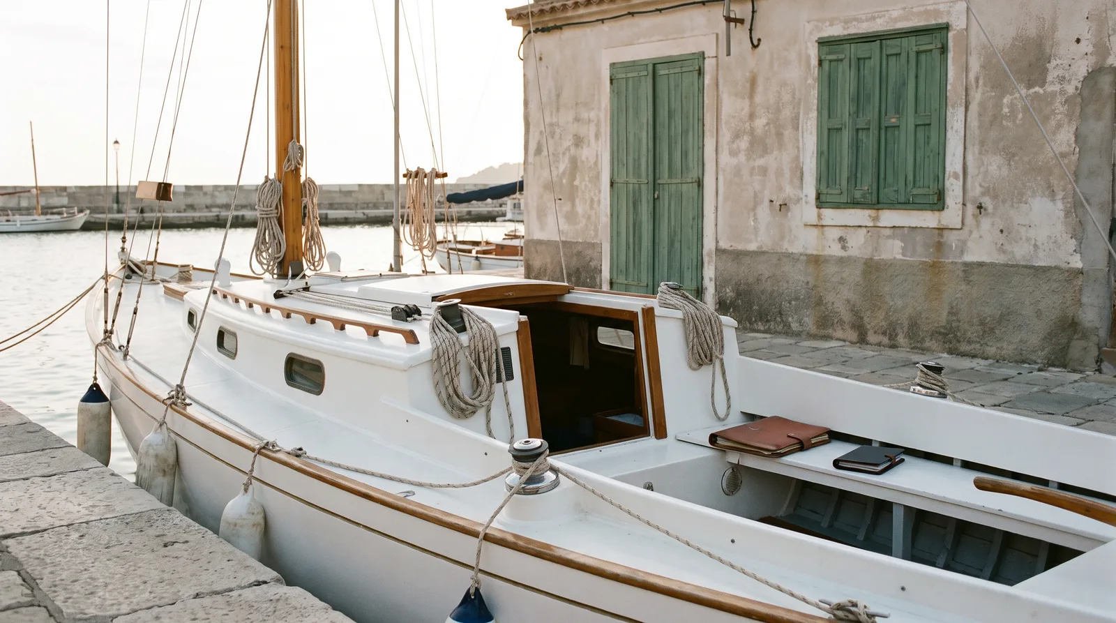 Velero amarrado a un muelle frente a la oficina del puerto, con la carpeta de documentos en la bañera