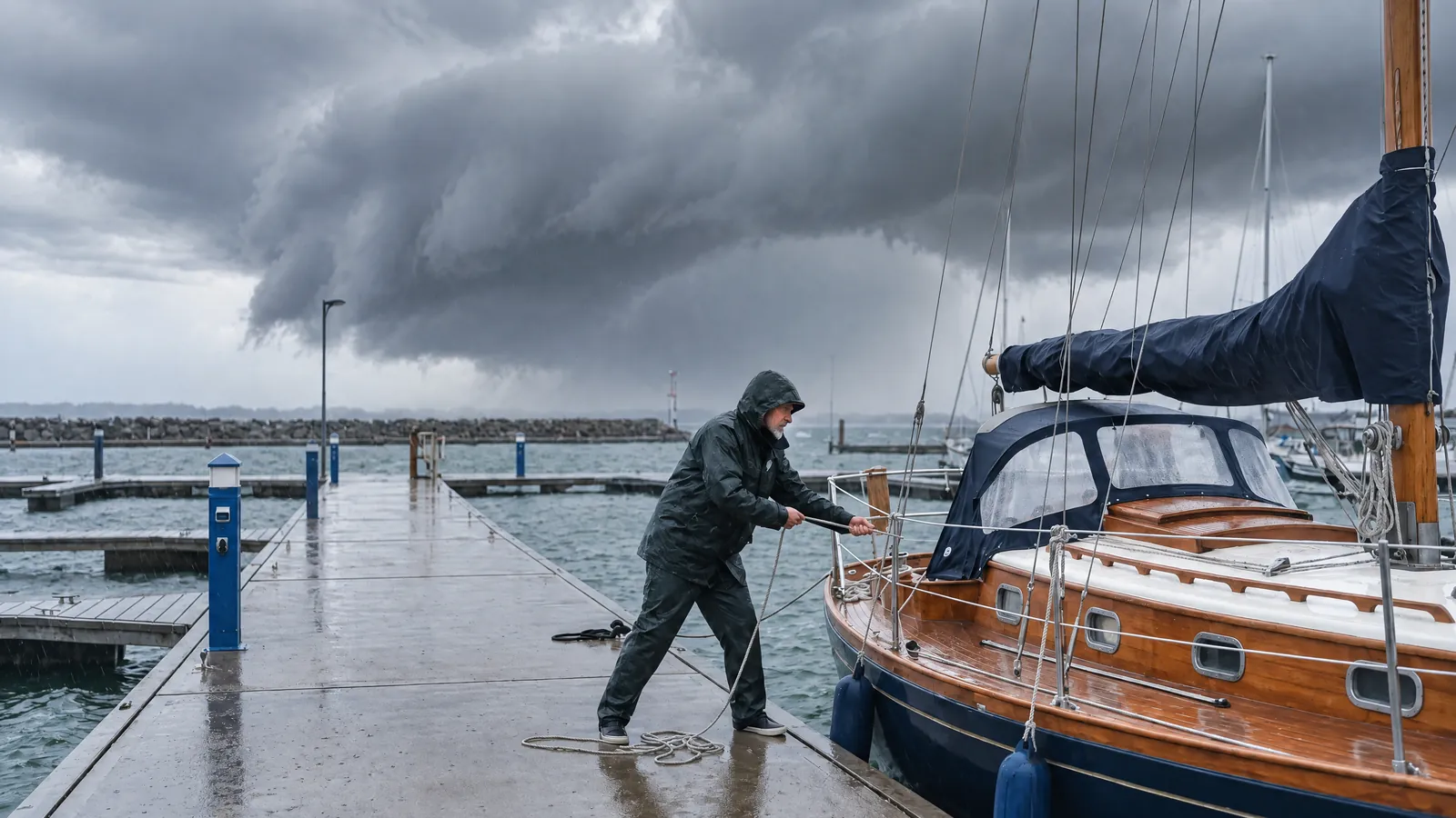Un puerto bajo un muro negro de temporal, una figura añade amarras