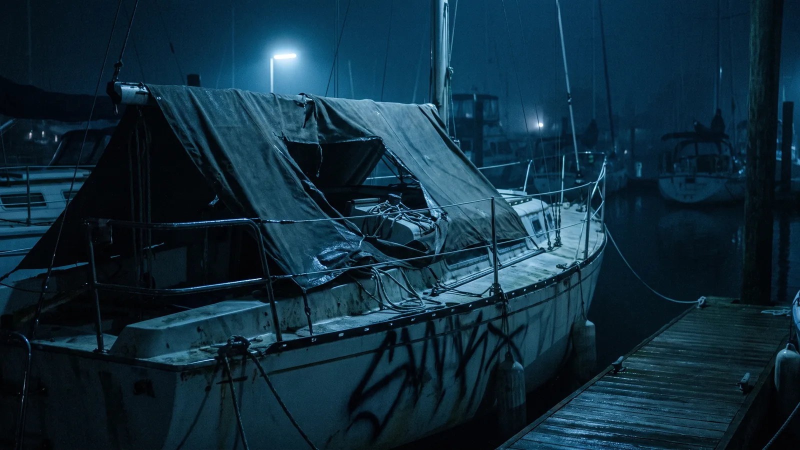 Una capota rajada y pintura sobre el casco de un barco en un puerto de noche